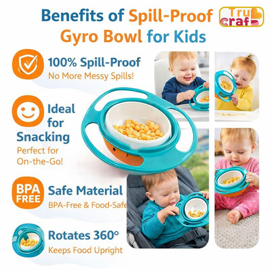 TruCraft Portable Non Spill Feeding Toddler Gyro Bowl 360 Degree Rotating Dish