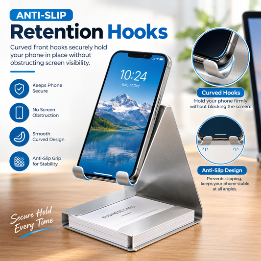 📱 Metallic Desktop Mobile Phone Stand with Business Card Holder