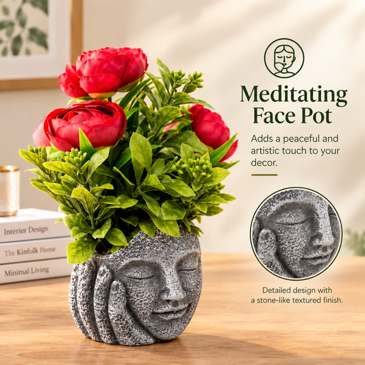 Artificial Red Rose Plant in Meditating Face Decorative Resin Pot 🌹