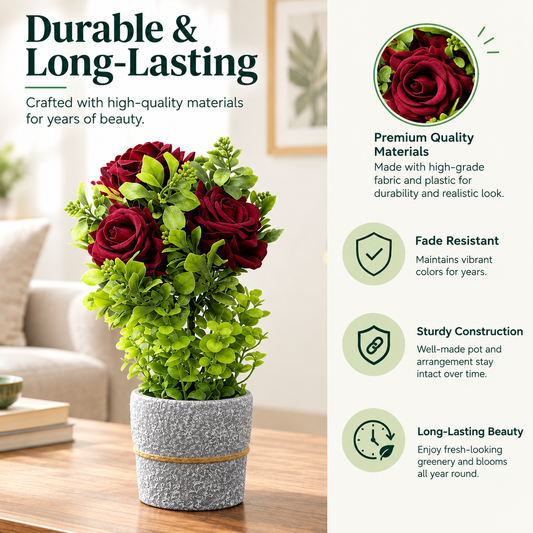 Artificial Dark Red Rose & Mixed Greenery in Golden Feather Textured Pot