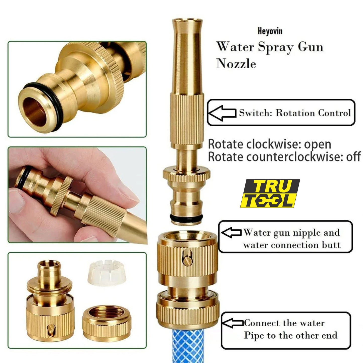 TruTool High Pressure Brass Hose Nozzle Adjustable Water Spray Gun