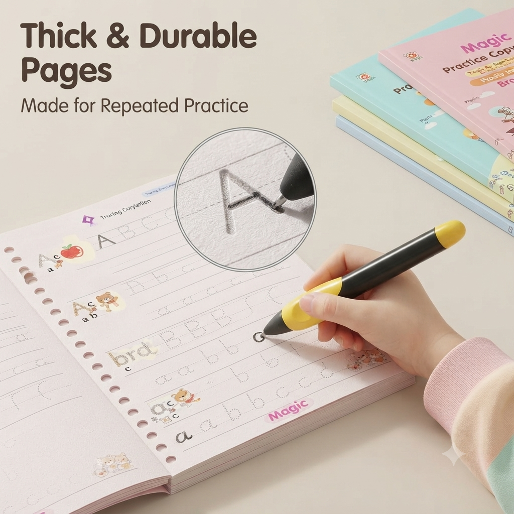 Magic Practice Copybook – 4 Books + Pen + 10 Refills ✍️