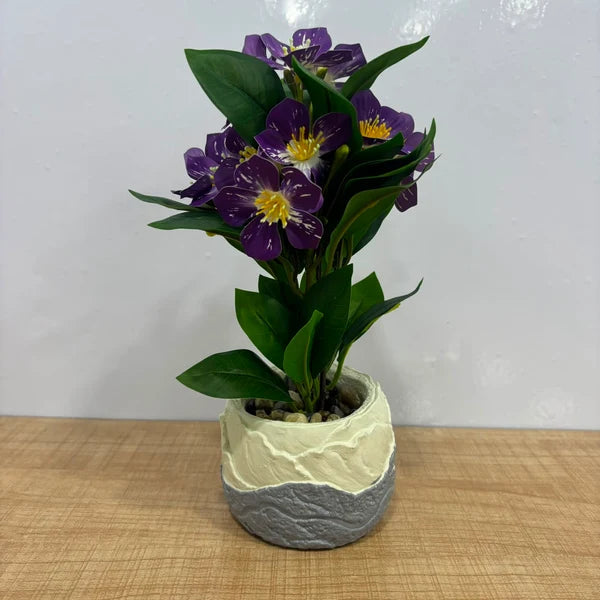 Artificial Purple Flower Bonsai Plant with Textured Two-Tone Ceramic Pot