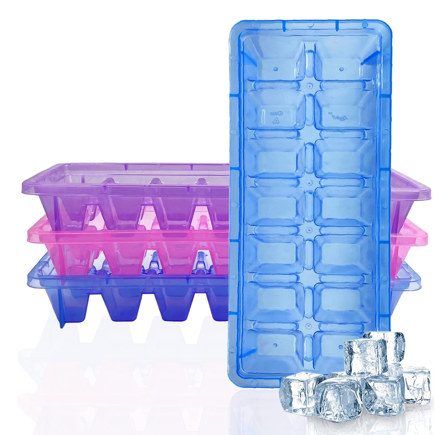 Plastic Ice Cube Trays for Freezer - BPA Free Plastic - 14 Classic-Size Ice Cubes Per Tray with Easy-Release Design - Multicolor