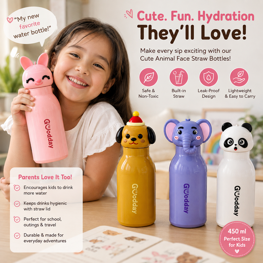🐰 Cute Animal Face Straw Water Bottle for Kids – 450 ml