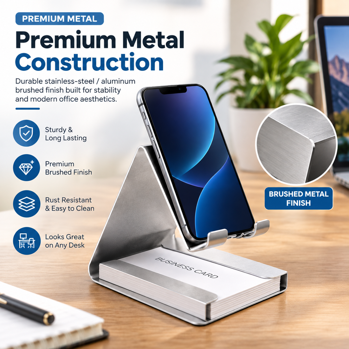 📱 Metallic Desktop Mobile Phone Stand with Business Card Holder