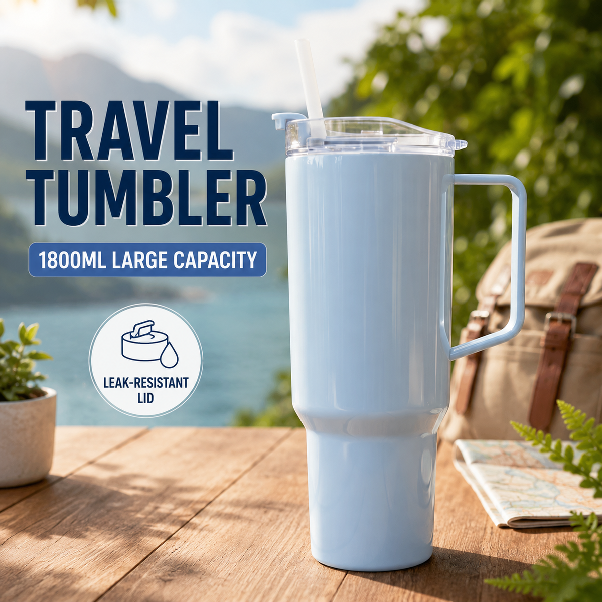 Travel Tumbler – Large 1800ml Capacity with Leak-Resistant Lid 🥤