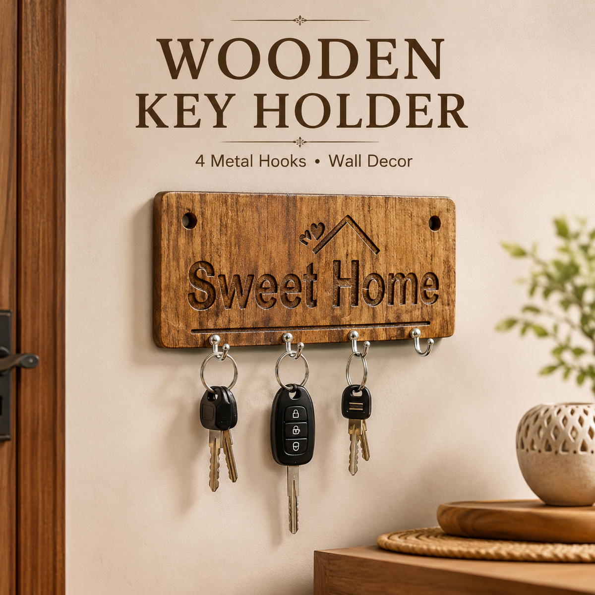 🏡 Wooden Key Holder with 4 Metal Hooks for Wall Decor