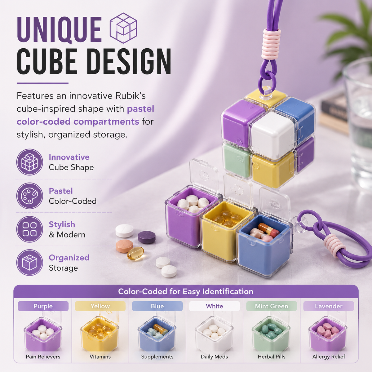 Portable Rubik’s Cube Style Multi-Grid Pill Box 💊
