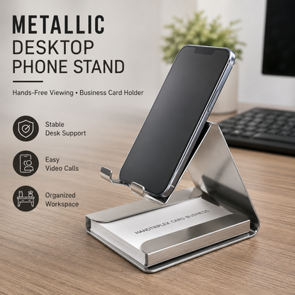 📱 Metallic Desktop Mobile Phone Stand with Business Card Holder