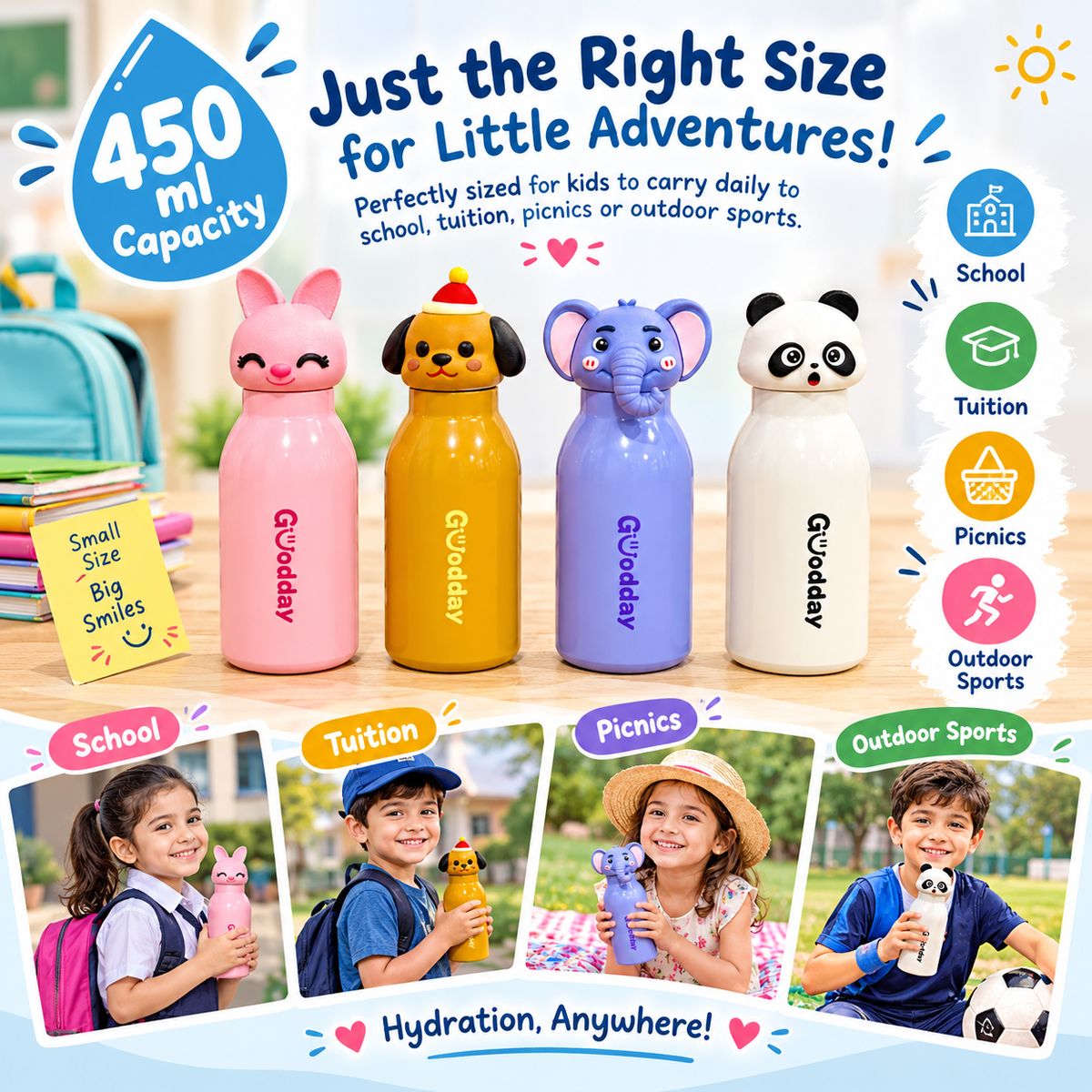 🐰 Cute Animal Face Straw Water Bottle for Kids – 450 ml