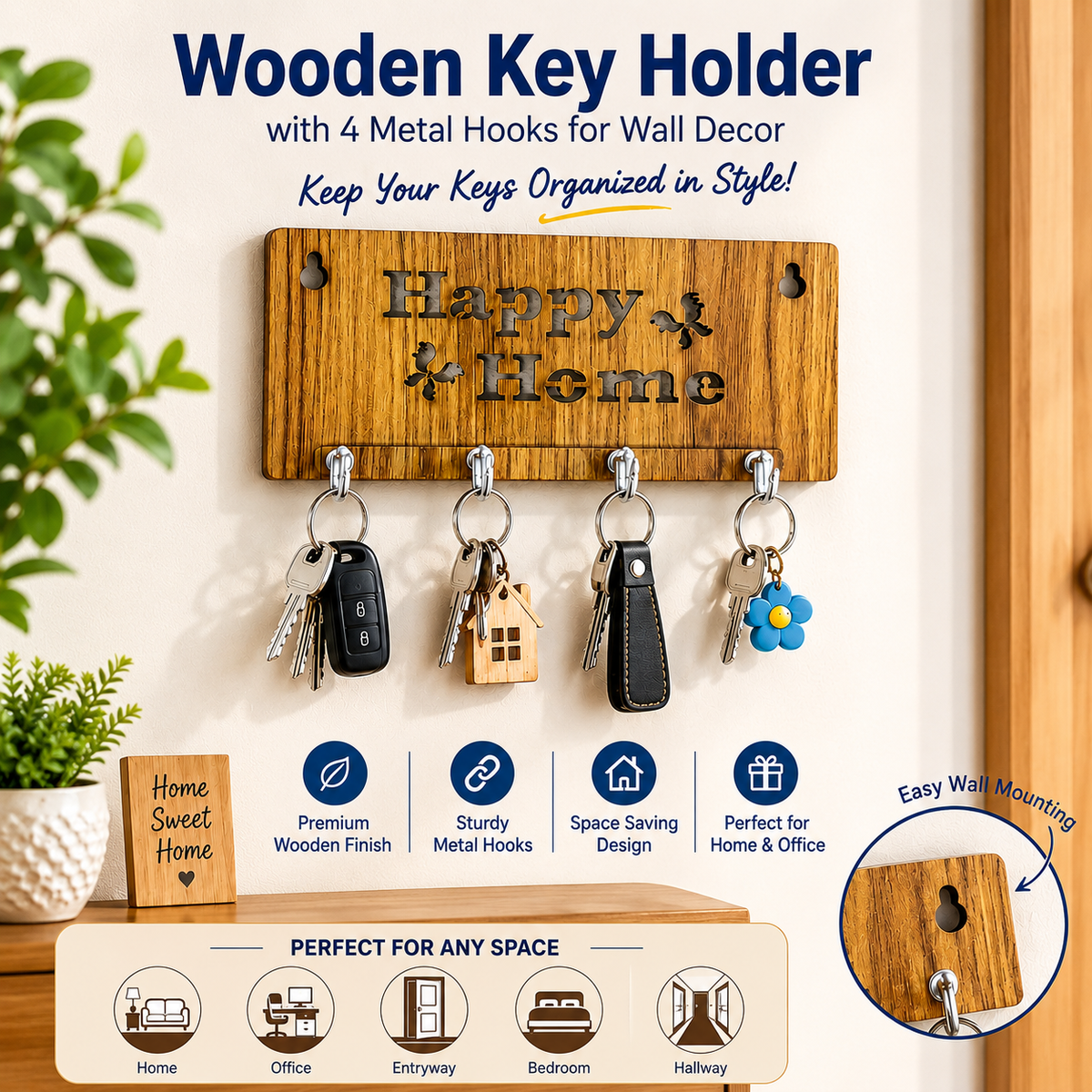🏡 Wooden Key Holder with 4 Metal Hooks for Wall Decor
