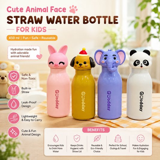 🐰 Cute Animal Face Straw Water Bottle for Kids – 450 ml
