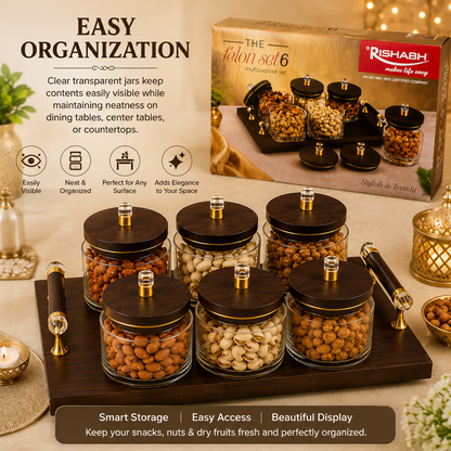 Multipurpose Dry Fruit & Snack Storage Container Set with Wooden Serving Tray