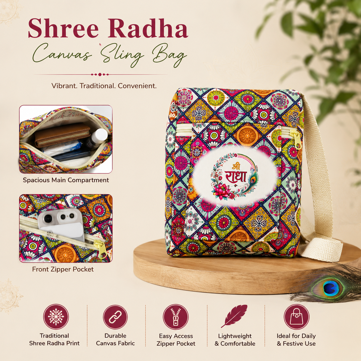 Shree Radha Printed Canvas Crossbody Sling Bag 👜