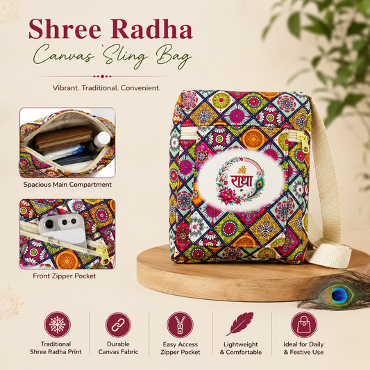 Shree Radha Printed Canvas Crossbody Sling Bag 👜