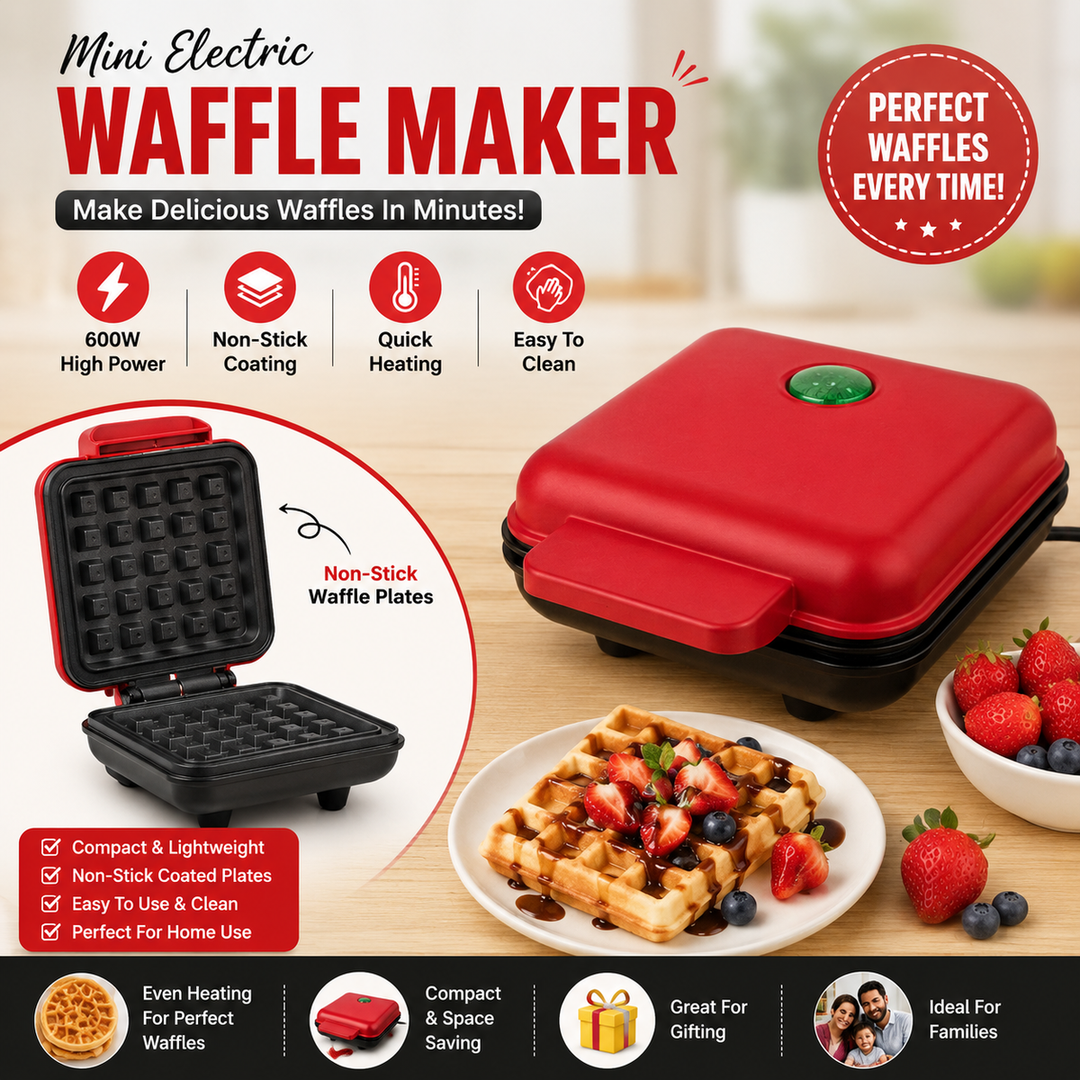 Electric Waffle Maker Machine for Home – 600W, Non-Stick 🧇