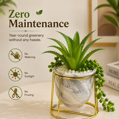 Artificial Plant in Ceramic Marble Pot with Gold Metal Stand