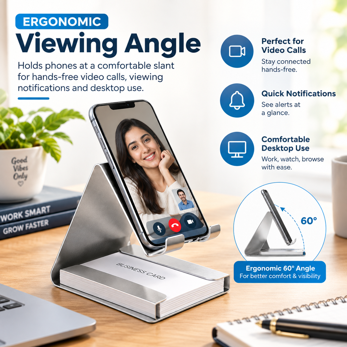 📱 Metallic Desktop Mobile Phone Stand with Business Card Holder