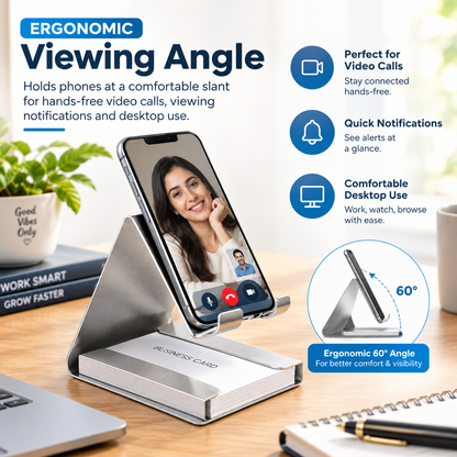 📱 Metallic Desktop Mobile Phone Stand with Business Card Holder