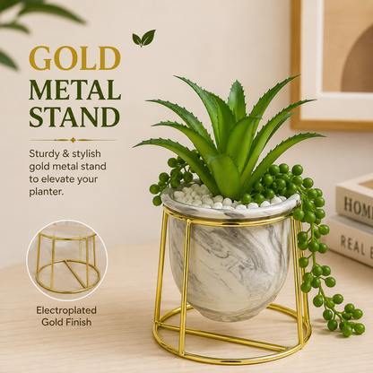 Artificial Plant in Ceramic Marble Pot with Gold Metal Stand