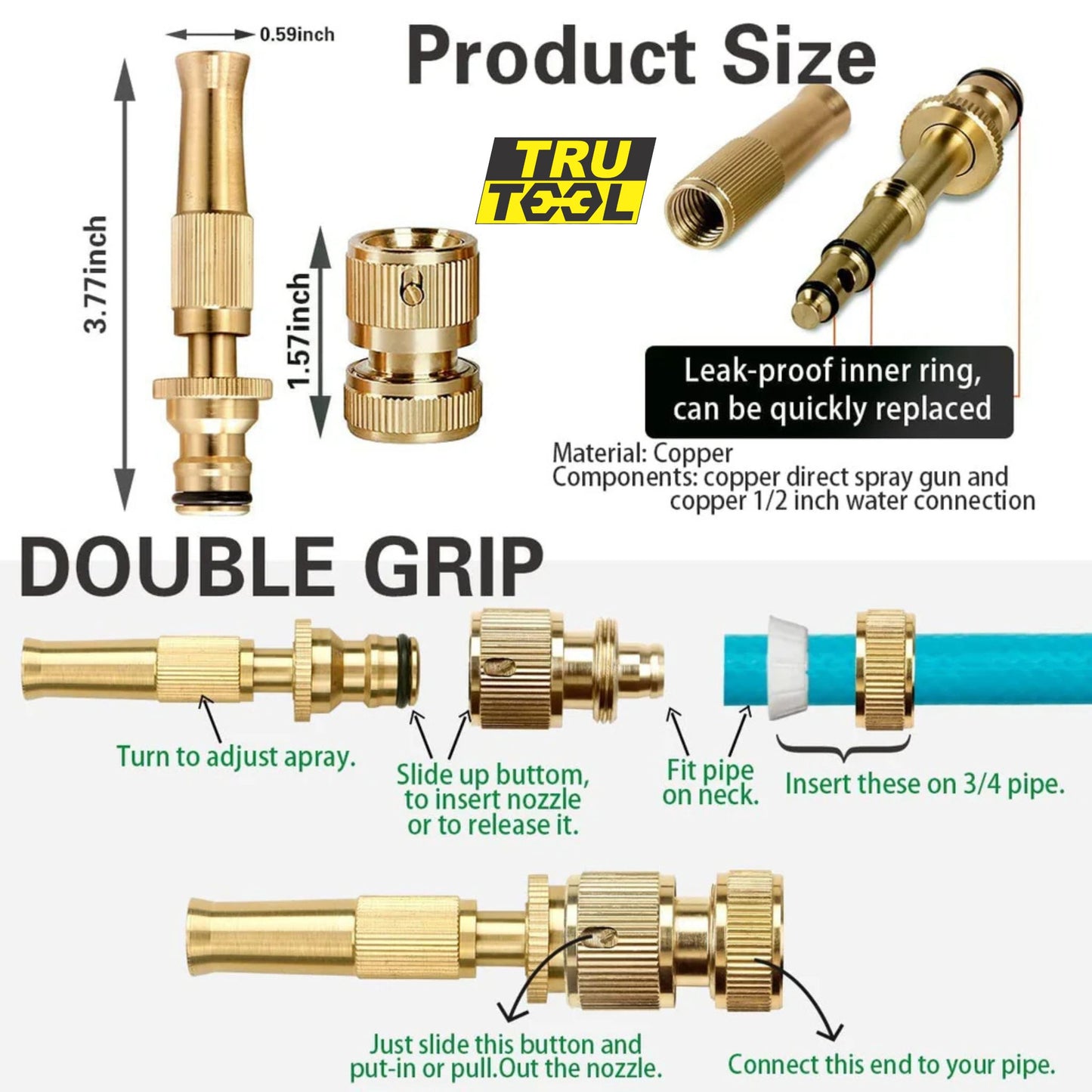 TruTool  High Pressure Brass Hose Nozzle Adjustable Water Spray Gun