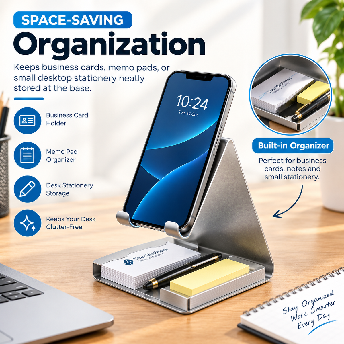 📱 Metallic Desktop Mobile Phone Stand with Business Card Holder