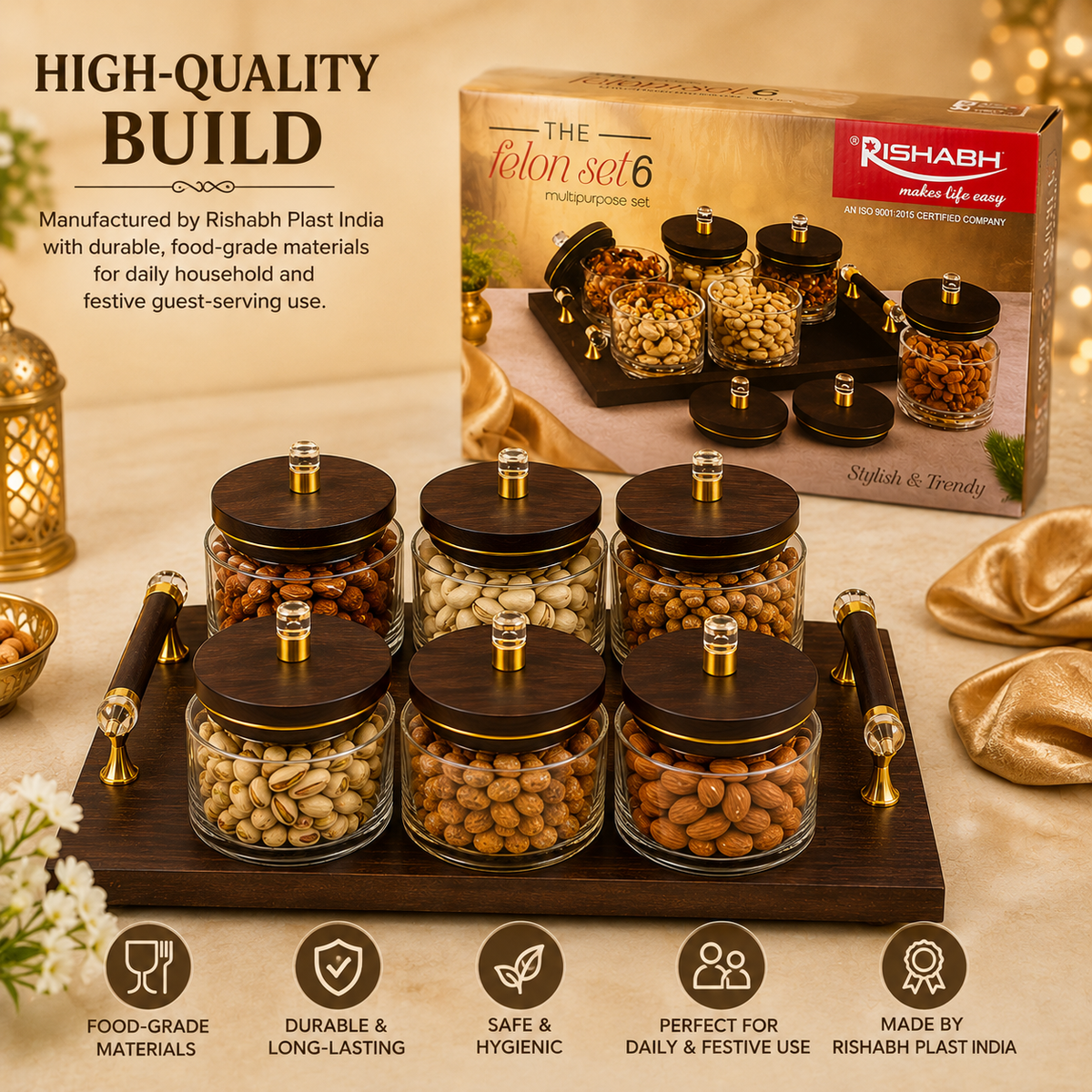 Multipurpose Dry Fruit & Snack Storage Container Set with Wooden Serving Tray