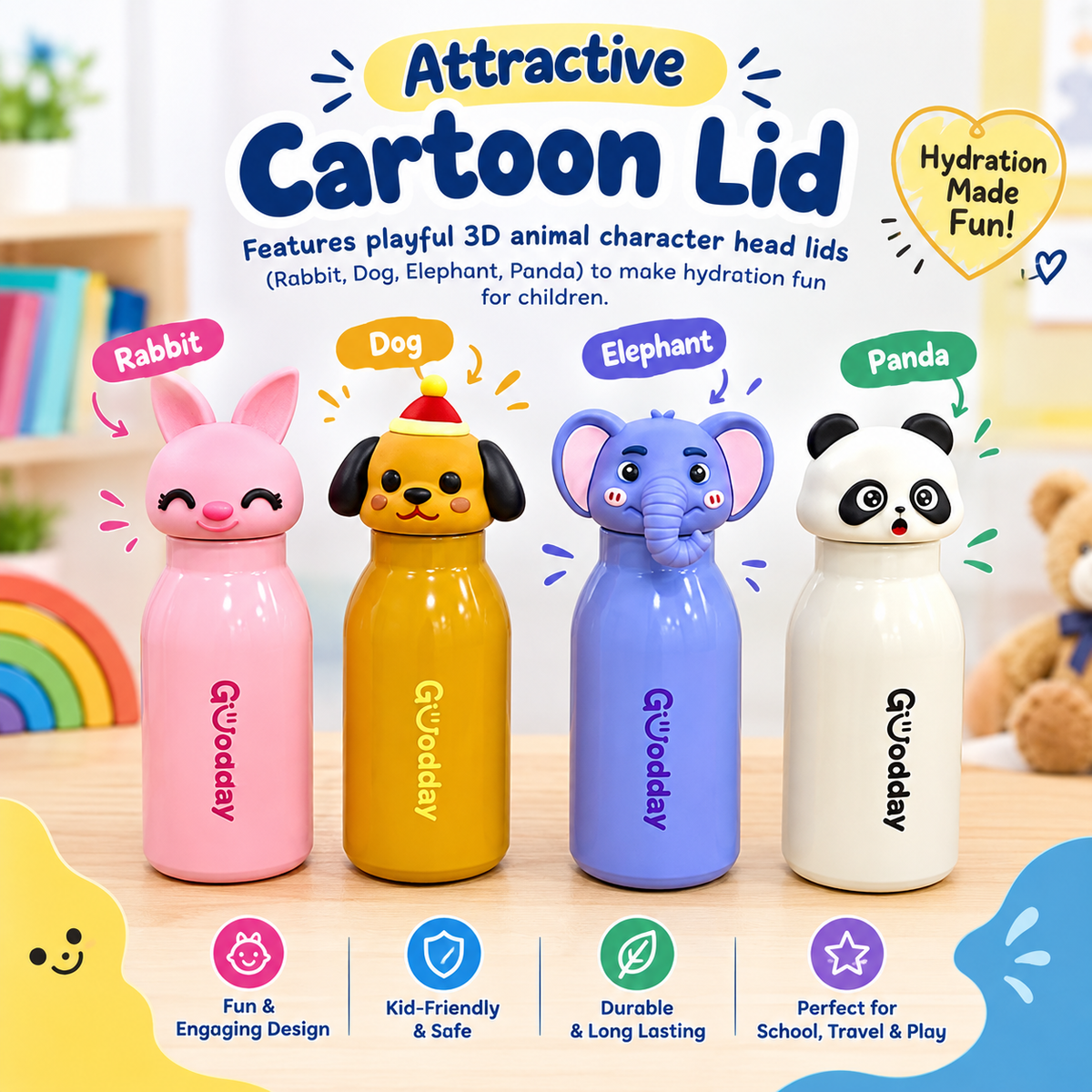 🐰 Cute Animal Face Straw Water Bottle for Kids – 450 ml
