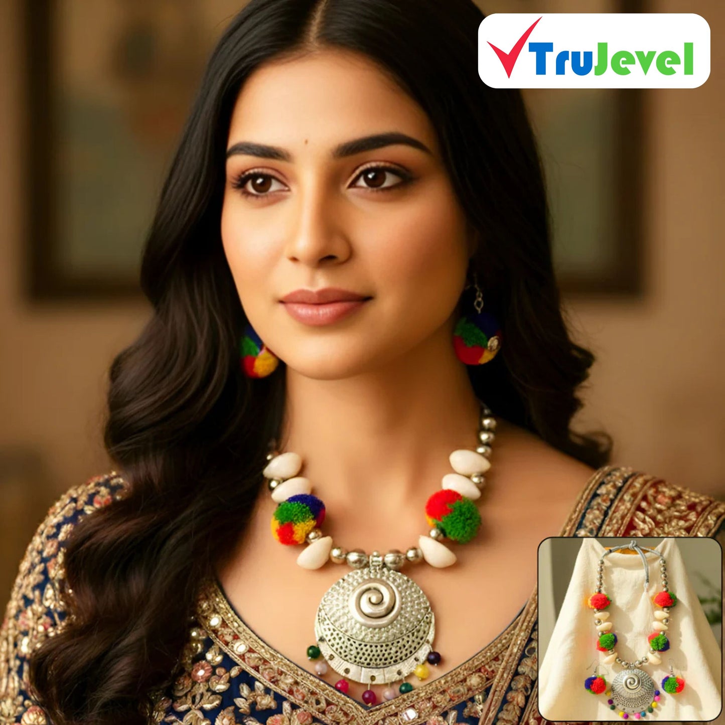 TruJevel Navratri MIx Design Silver Oxidised Plated Hasli,Necklace & Earring Set (Multiesign)