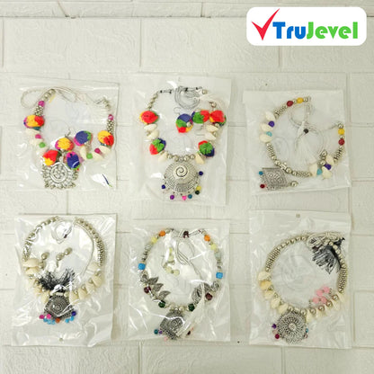 TruJevel Navratri MIx Design Silver Oxidised Plated Hasli,Necklace & Earring Set (Multiesign)