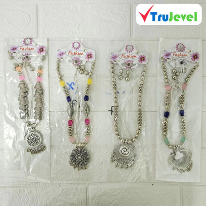 TruJevel Navratri MIx Design Silver Oxidised Plated Hasli,Necklace & Earring Set (Multiesign)