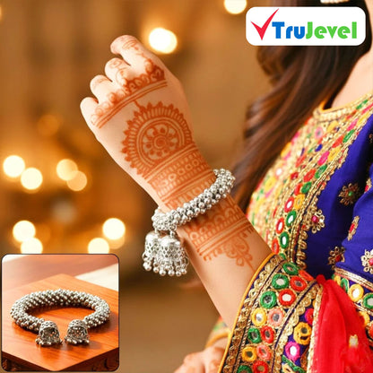 TruJevel Traditional Oxidized Silver Beaded Bracelet with Jhumka Charms