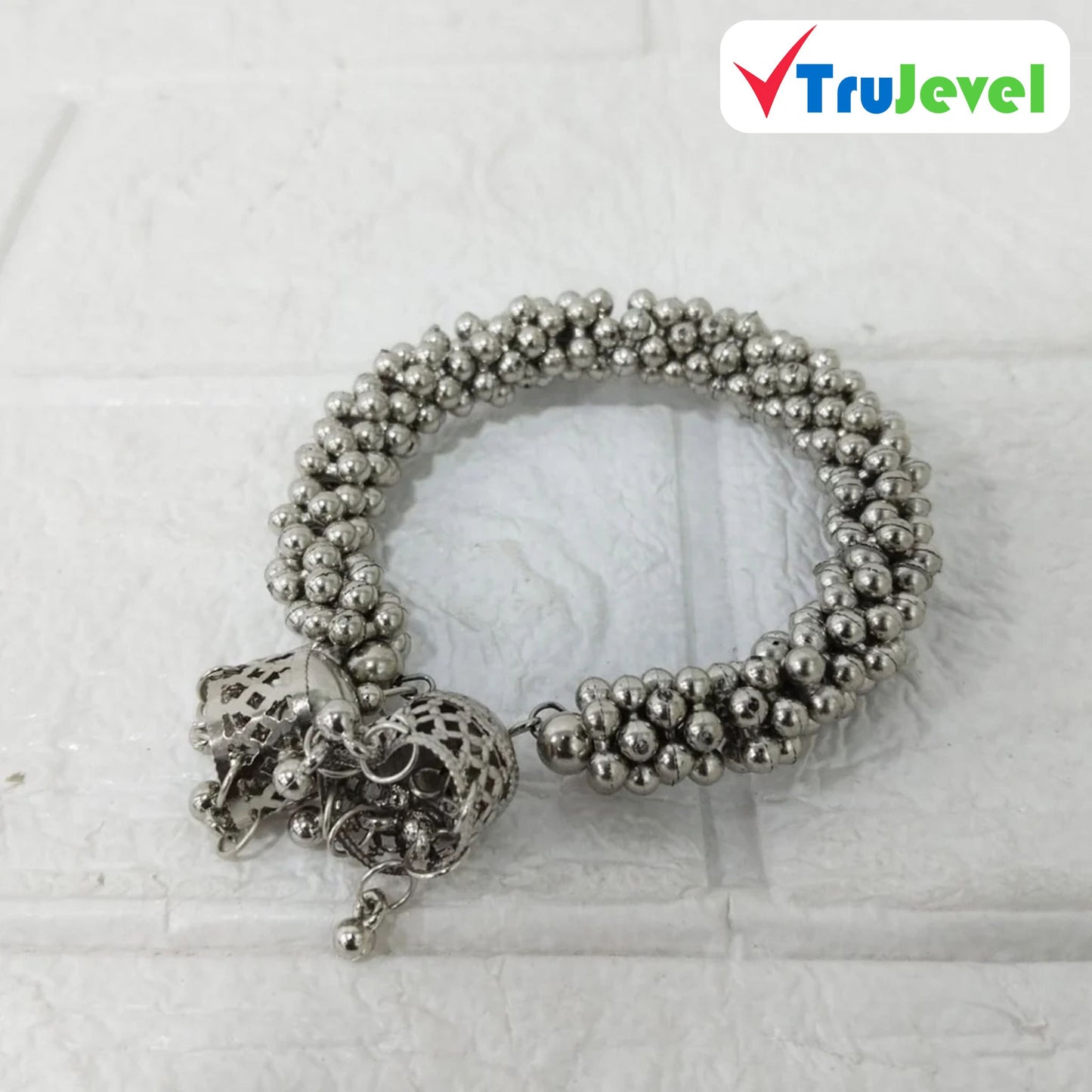 TruJevel Traditional Oxidized Silver Beaded Bracelet with Jhumka Charms