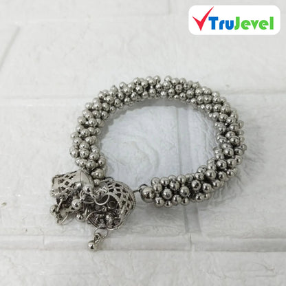 TruJevel Traditional Oxidized Silver Beaded Bracelet with Jhumka Charms