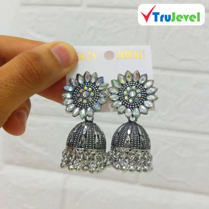 Multidesign Charm Oxidized Silver Jhumka Earrings
