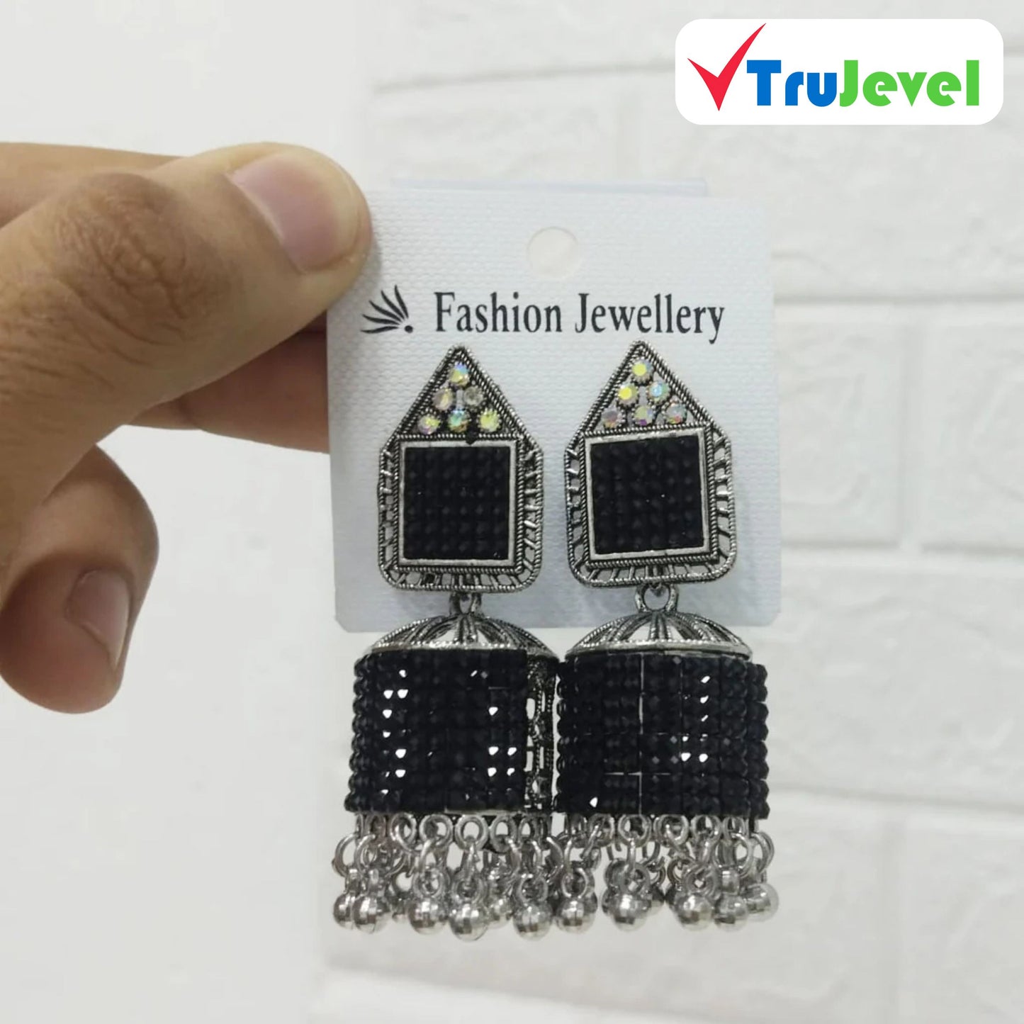 Multidesign Charm Oxidized Silver Jhumka Earrings