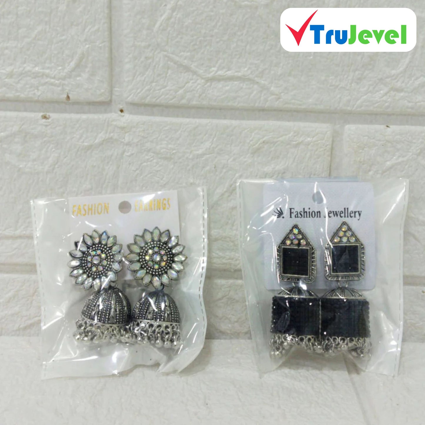 Multidesign Charm Oxidized Silver Jhumka Earrings