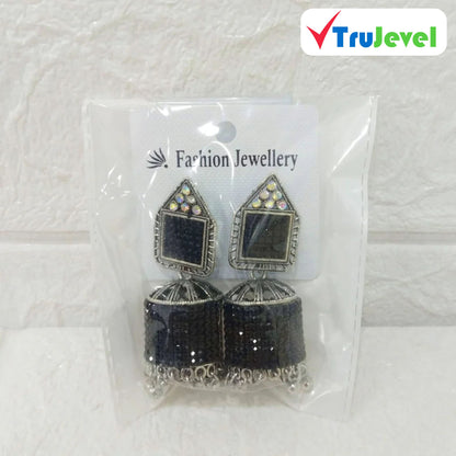 Multidesign Charm Oxidized Silver Jhumka Earrings