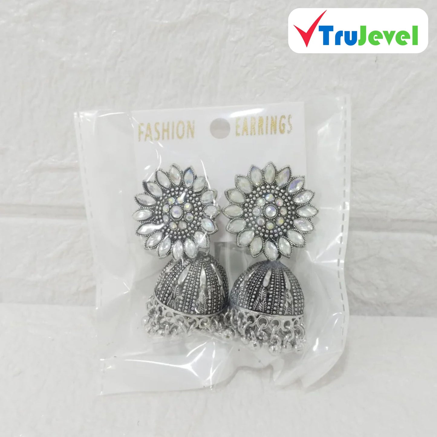 Multidesign Charm Oxidized Silver Jhumka Earrings