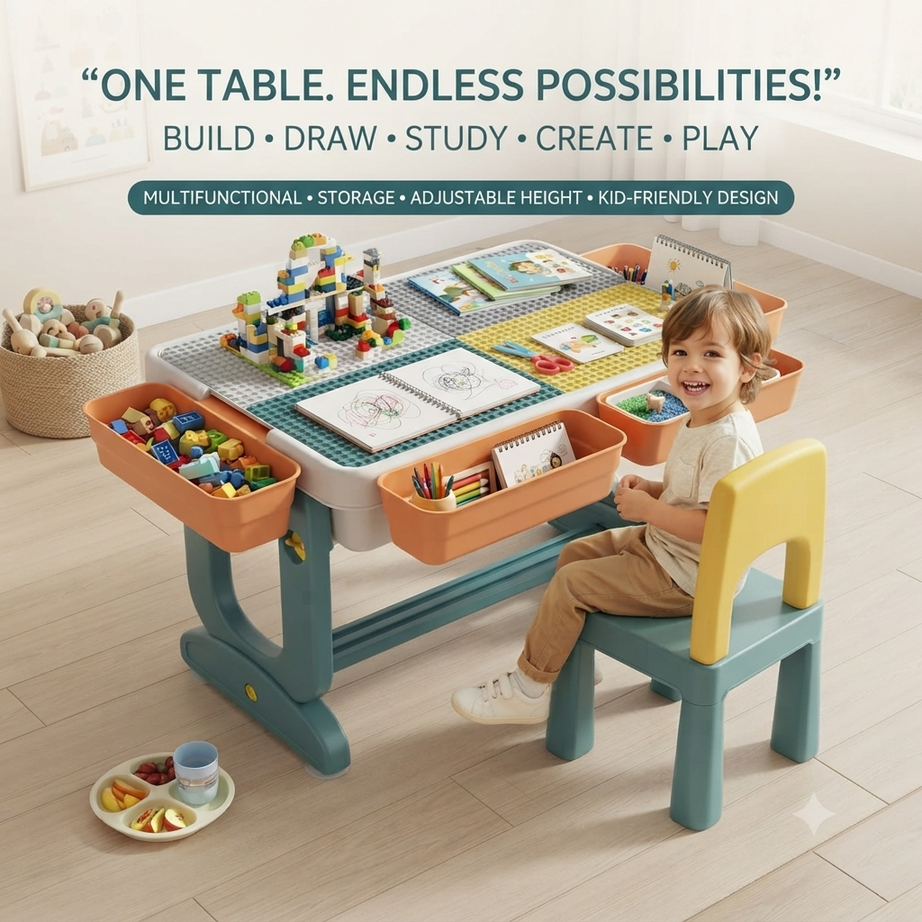 Multifunctional Kids Building Block Table & Chair Set with Storage Bins