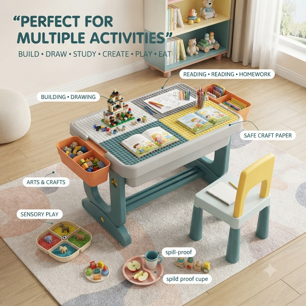 Multifunctional Kids Building Block Table & Chair Set with Storage Bins