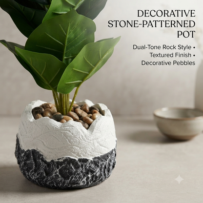 Artificial Large Green Leaves Plant with Decorative Stone Patterned Pot
