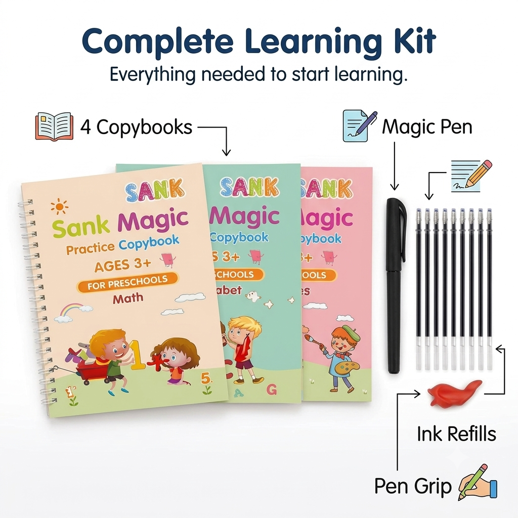 Magic Practice Copybook Set (4 Books + Magic Pen + Refills) ✍️