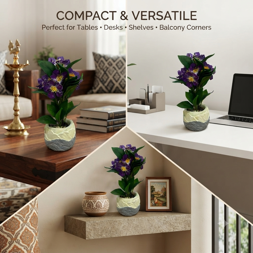 Artificial Purple Flower Bonsai Plant with Textured Two-Tone Ceramic Pot