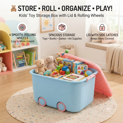 Kids Toy Storage Box with Lid & Rolling Wheels