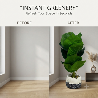 Artificial Large Green Leaves Plant with Decorative Stone Patterned Pot