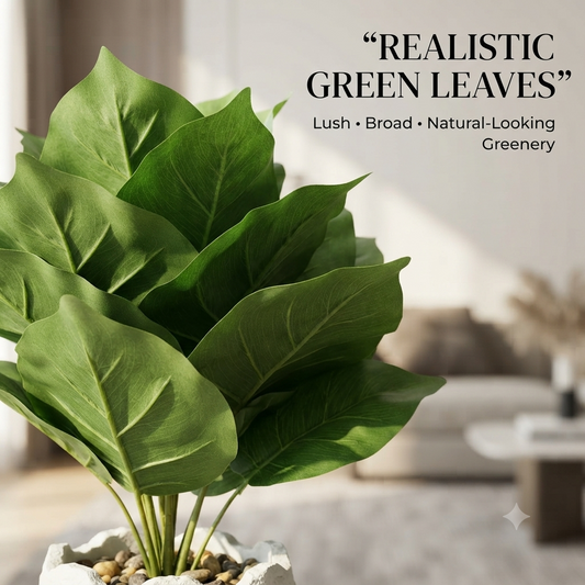 Artificial Large Green Leaves Plant with Decorative Stone Patterned Pot