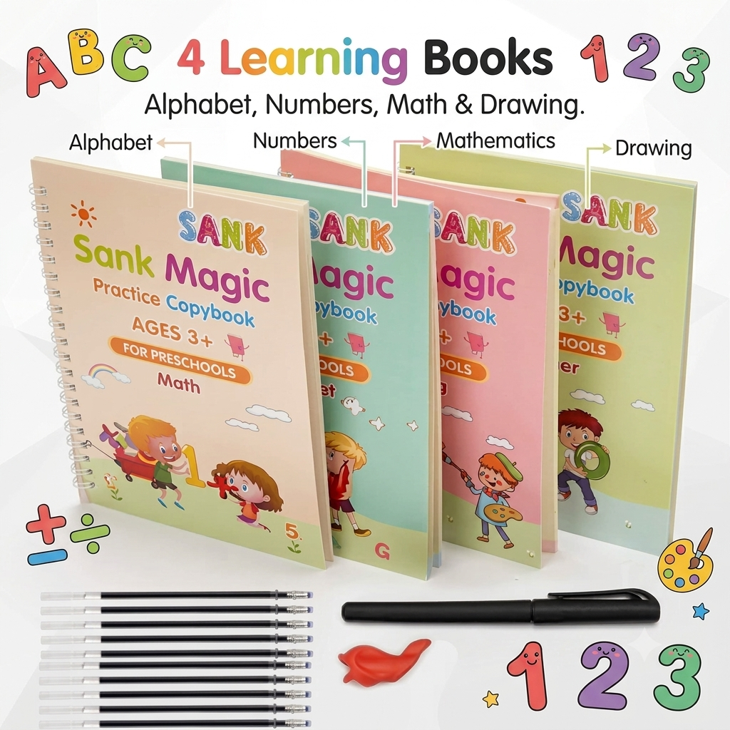 Magic Practice Copybook Set (4 Books + Magic Pen + Refills) ✍️