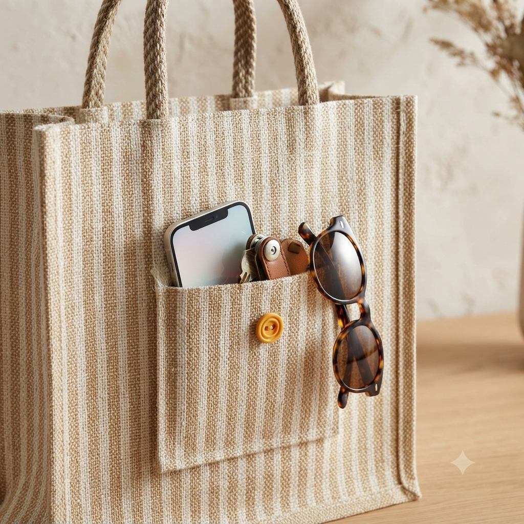 Striped Eco Tote Bag with Front Pocket & Button Accent 👜